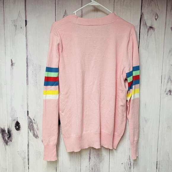 St. Johns Bay Womens Pink Button Front Retro Stripe Cardigan Sweater XL - Picture 2 of 5